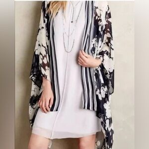 Anthropologie Elevenses silk open front kimono navy white wide arm beach one sz